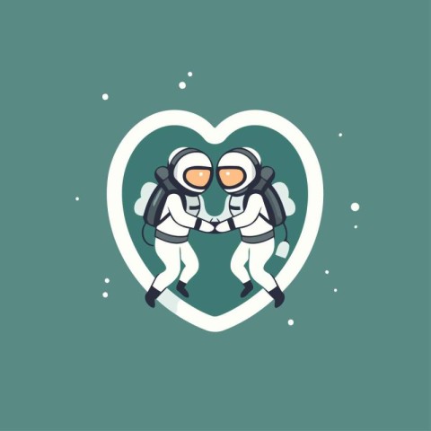 Astronaut couple in love with heart. Vector illustration in flat