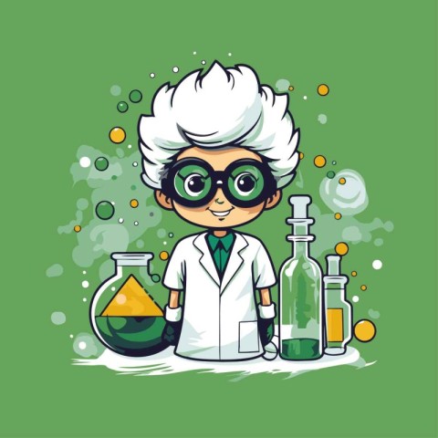 Cartoon scientist with flask and test tube on green background.