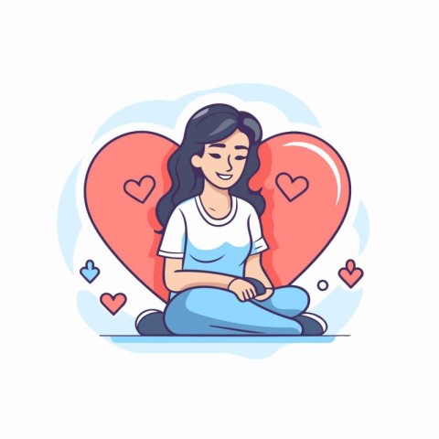 Young woman sitting in lotus position with heart. Vector illustr