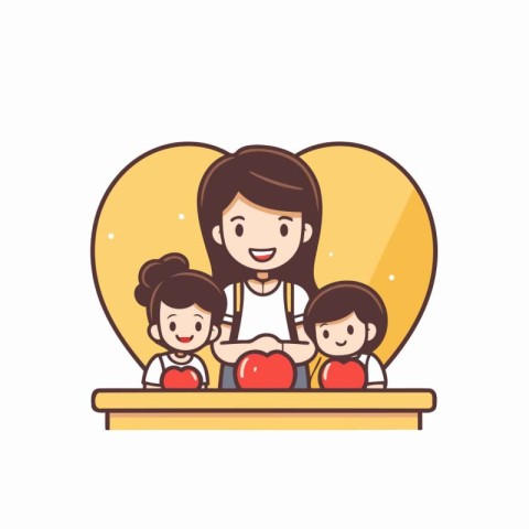 Mother and children in the classroom. Happy family. Vector illus