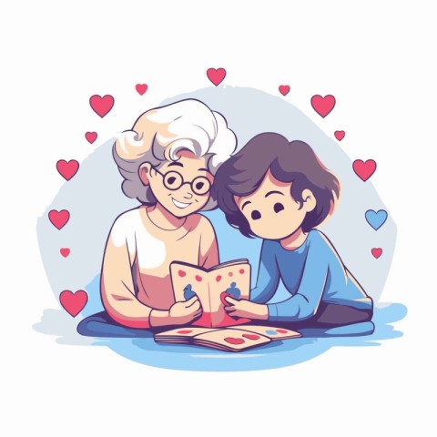 Grandmother and grandson playing cards. Vector illustration in c