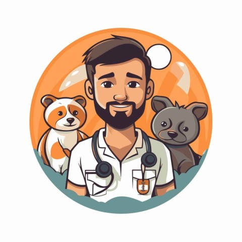 Veterinarian with dog and cat. Vector illustration in cartoon st