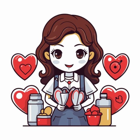 Cute girl with heart and bottle of water. Vector illustration.