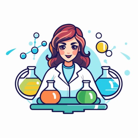 Scientist woman working in laboratory. Vector illustration in li