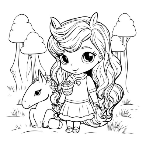 Cute little girl with a unicorn. Vector illustration for colorin