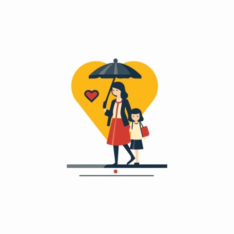 Mother and daughter with umbrella and heart. Flat style vector i