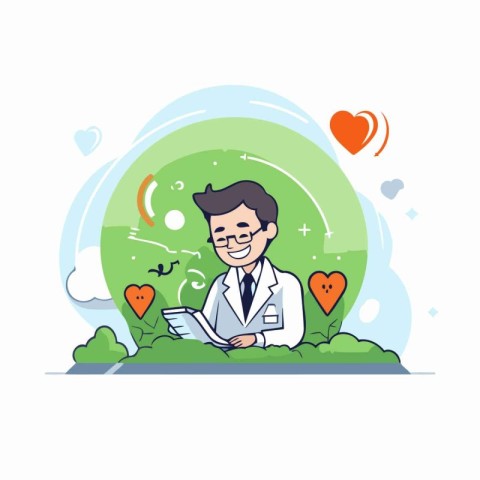 Vector illustration of a doctor reading a book on a green backgr