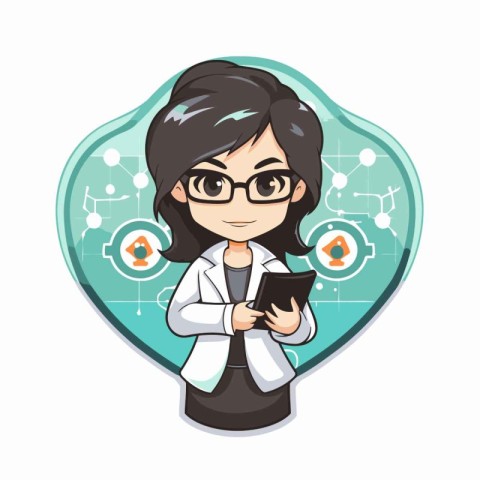 Illustration of a scientist holding a tablet computer in a heart