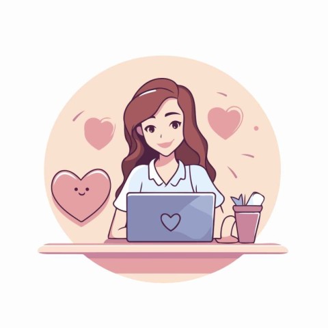 Young woman working on laptop at home. Vector illustration in ca