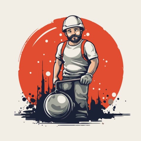 Worker with helmet and pot. Vector illustration in retro style.