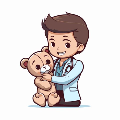 Vector illustration of a cute boy playing doctor with teddy bear