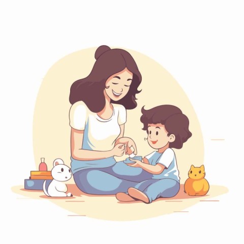 Mother and her son playing with toys. Vector illustration in car