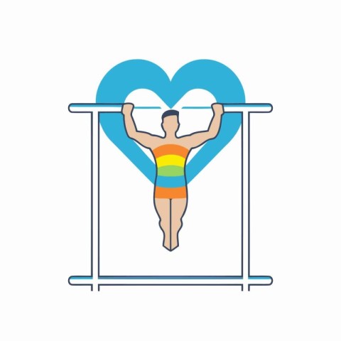 Man doing pull-ups on bar in heart shape. Flat style vector illu