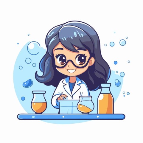 Cute little girl scientist in laboratory. Vector illustration in