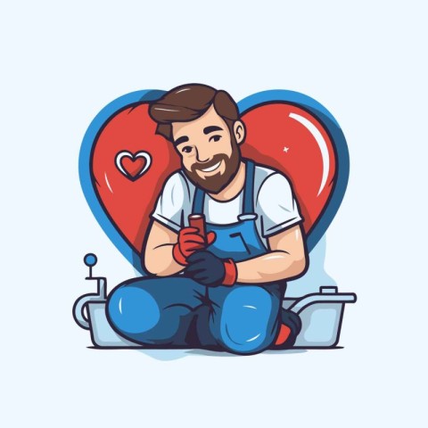 Vector illustration of a plumber sitting on the floor with a big