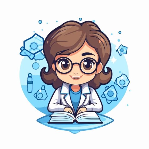 Cute cartoon scientist girl in glasses reading a book. Vector il