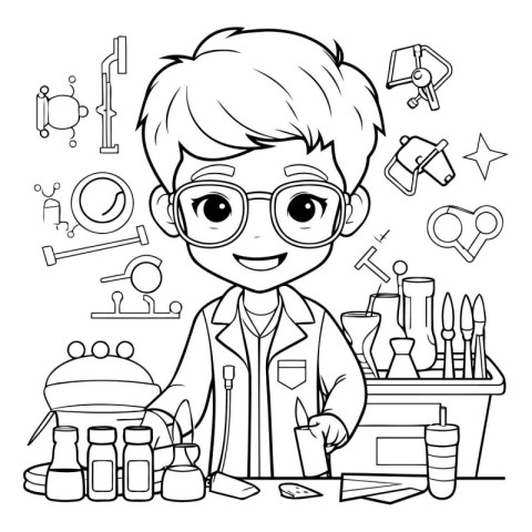 Coloring Page Outline Of a Chemist Boy with Tools and Equipment