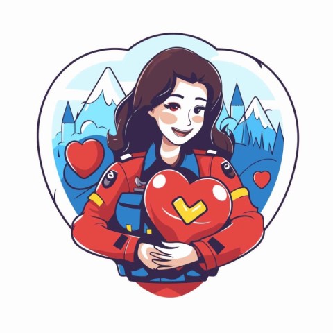 Beautiful young woman with a red heart in her hand. Vector illus