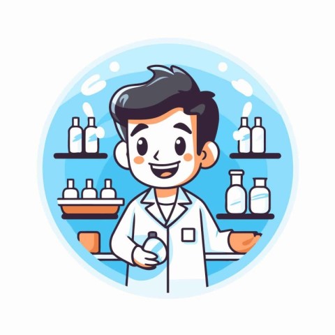 Pharmacist in the drugstore. Vector flat cartoon illustration.