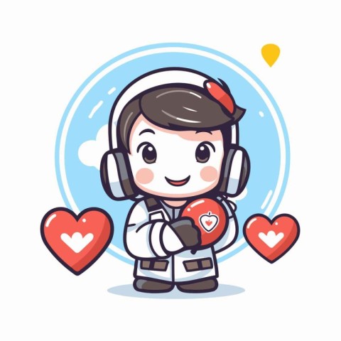 Cute astronaut boy with heart and headphone. Vector flat cartoon