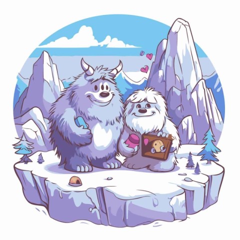 Cute cartoon wolf and bear in the mountains. Vector illustration