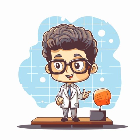 Cute boy scientist in science gown and glasses. Vector illustrat