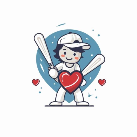 Cricket player holding a baseball bat and a heart. Vector illust