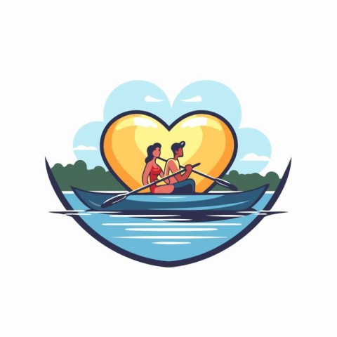 Couple in a boat in the shape of a heart. Vector illustration.