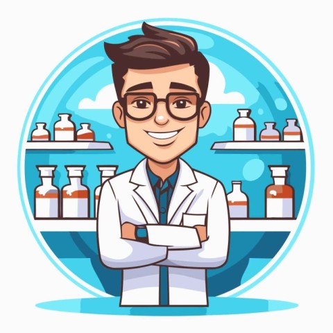 Pharmacist in lab coat. Vector illustration in cartoon style.