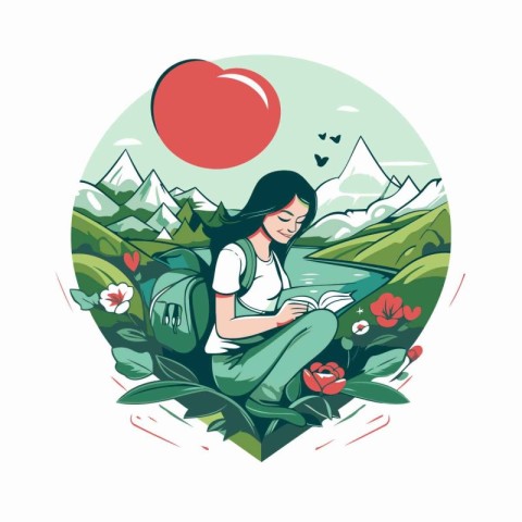 Vector illustration of a girl with a backpack reading a book in