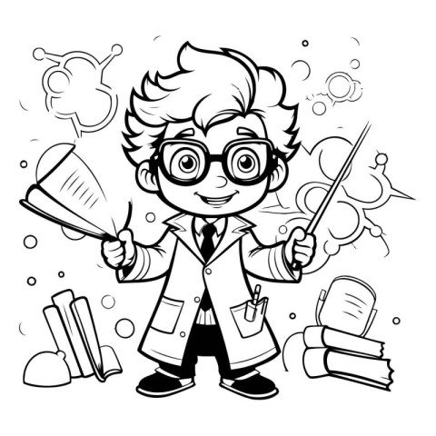 Black and White Cartoon Illustration of Funny Scientist or Profe