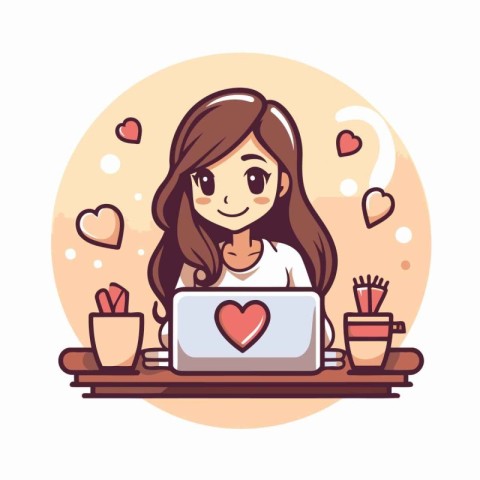 Cute girl working on laptop at home. cartoon vector illustration