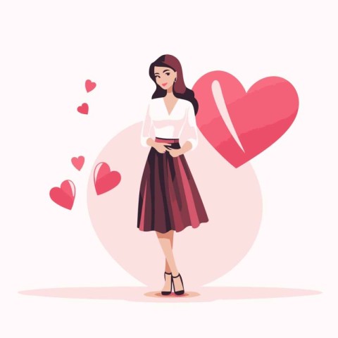 Lovely young woman with red heart. Vector illustration in cartoo