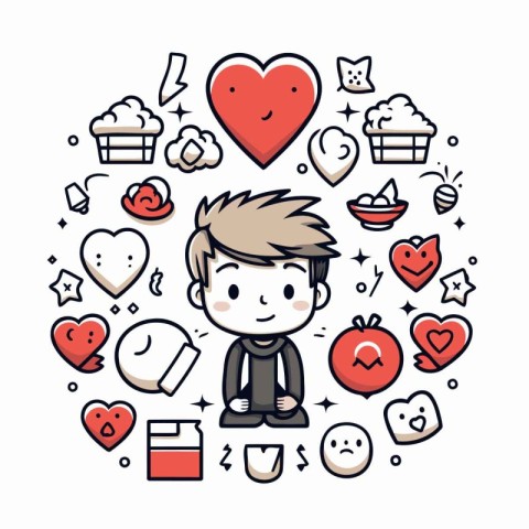 Cute cartoon boy with love icons around him. Vector illustration