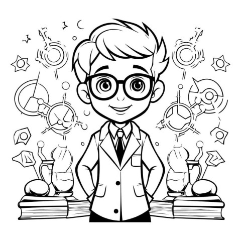 Black and White Cartoon Illustration of Kid Boy Student Doing Sc