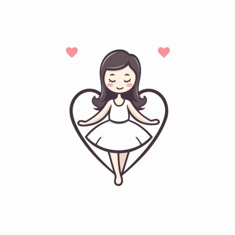 Cute little girl in a white dress with a heart. Vector illustrat