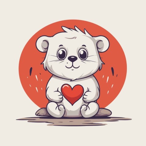 Cute little beaver holding a red heart. Vector illustration.