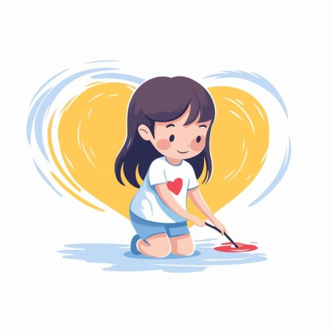 Cute little girl painting a heart with a brush. Vector illustrat