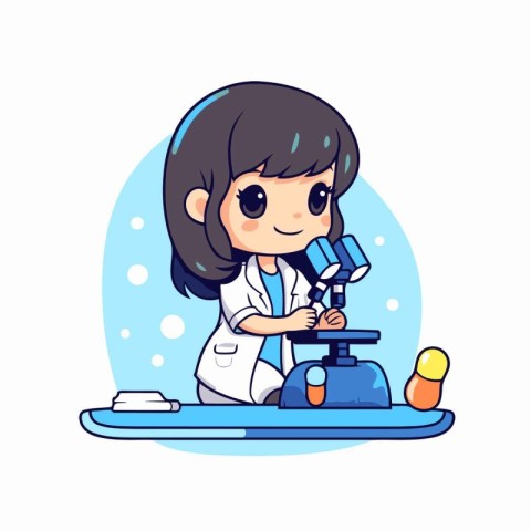 Cute little girl scientist with microscope and test tube. Vector