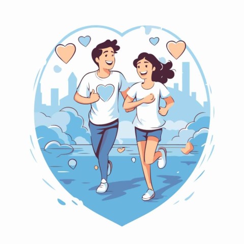 Couple jogging in the city. Vector illustration in cartoon style