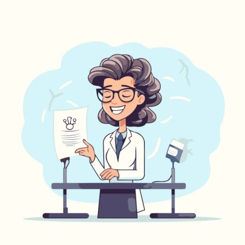 Cartoon vector illustration of happy doctor in white coat and gl