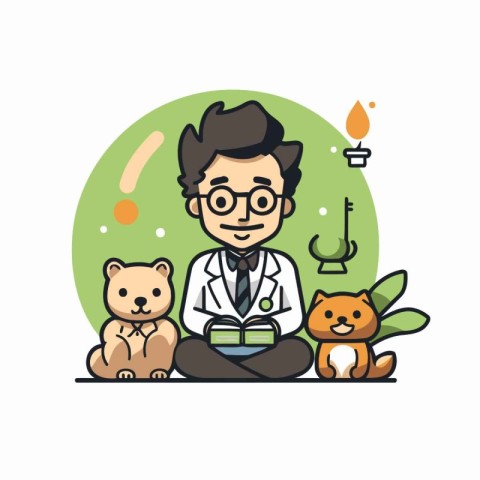 Doctor sitting with dog and cat. Vector illustration in flat sty