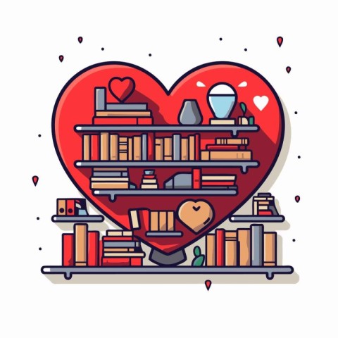 Vector illustration of bookshelf in heart shape. Love and romanc