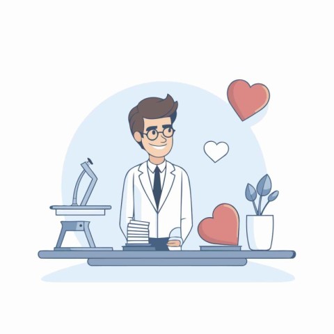 Vector illustration of a doctor in a white coat and glasses. sit