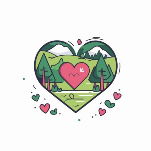 Heart shape with trees and mountains in the background. Vector i