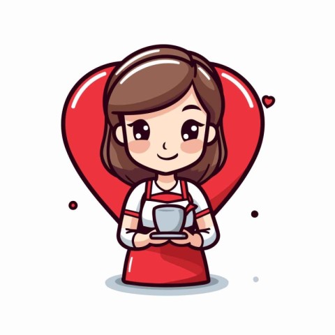 Cute girl holding coffee cup and heart. Vector cartoon character