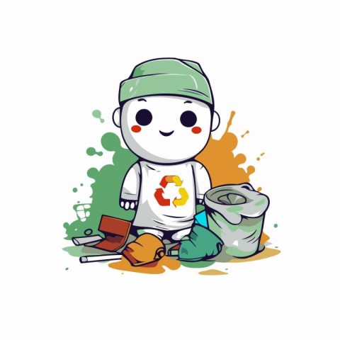 Cartoon character with trash and tools. Vector illustration on w