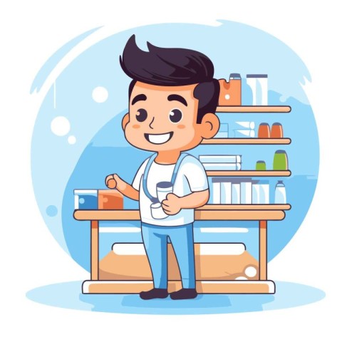 Cartoon character of a pharmacist in a drugstore. Vector illustr