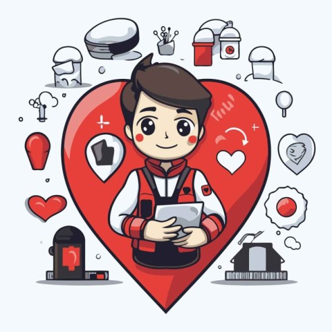 Cartoon boy with tablet in the shape of a heart. Vector illustra