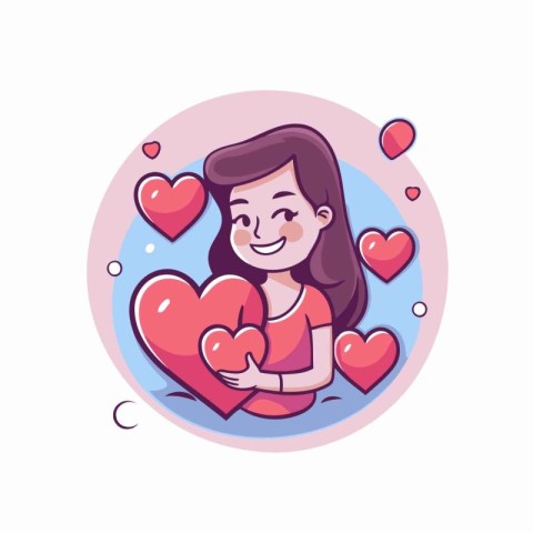 Cute cartoon girl with big red heart. Vector illustration for yo